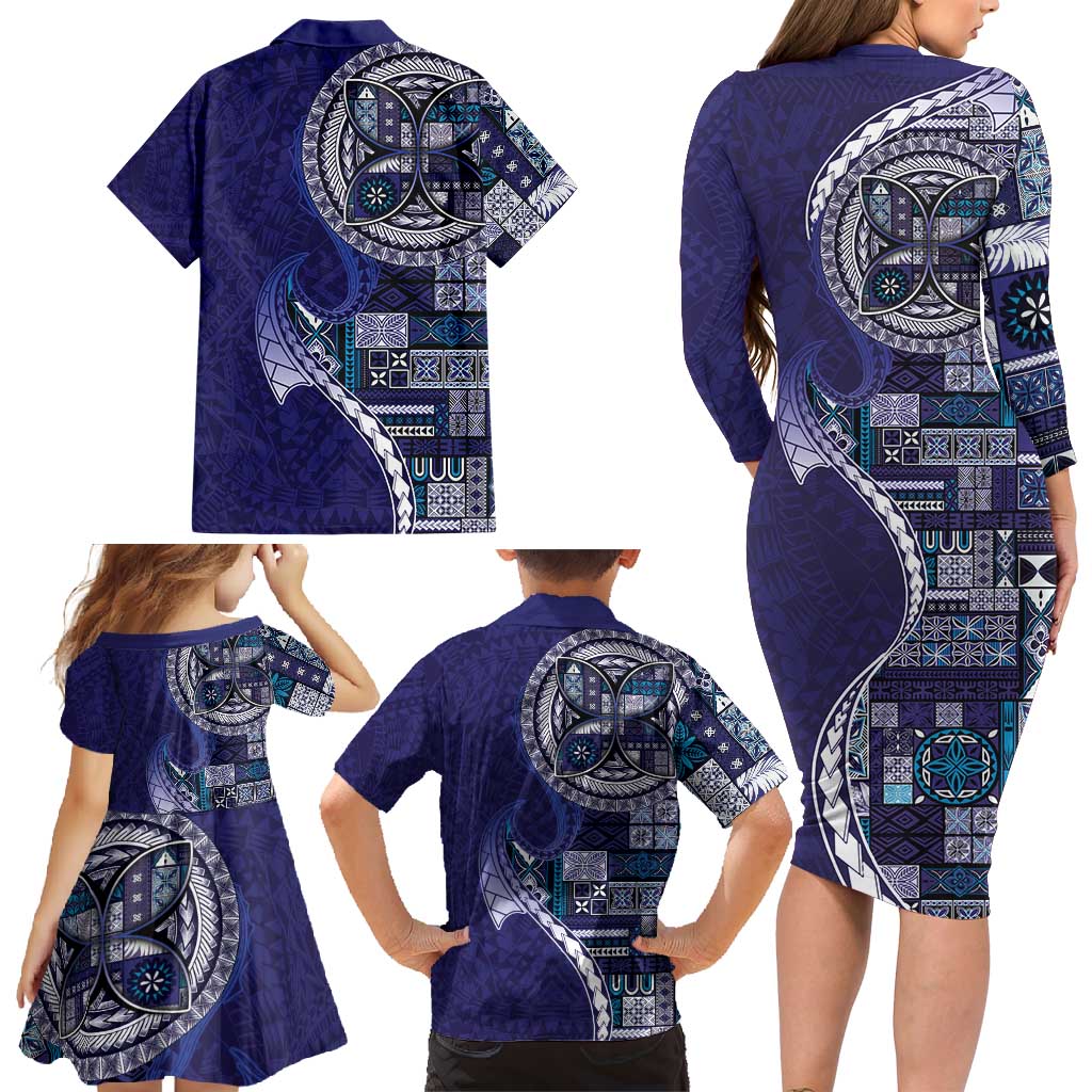 Samoan Siapo Art Tattoo Polynesian Pattern Family Matching Long Sleeve Bodycon Dress and Hawaiian Shirt Navy Color - Polynesian Pride