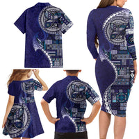 Samoan Siapo Art Tattoo Polynesian Pattern Family Matching Long Sleeve Bodycon Dress and Hawaiian Shirt Navy Color - Polynesian Pride