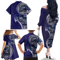 Samoan Siapo Art Tattoo Polynesian Pattern Family Matching Off The Shoulder Long Sleeve Dress and Hawaiian Shirt Navy Color - Polynesian Pride