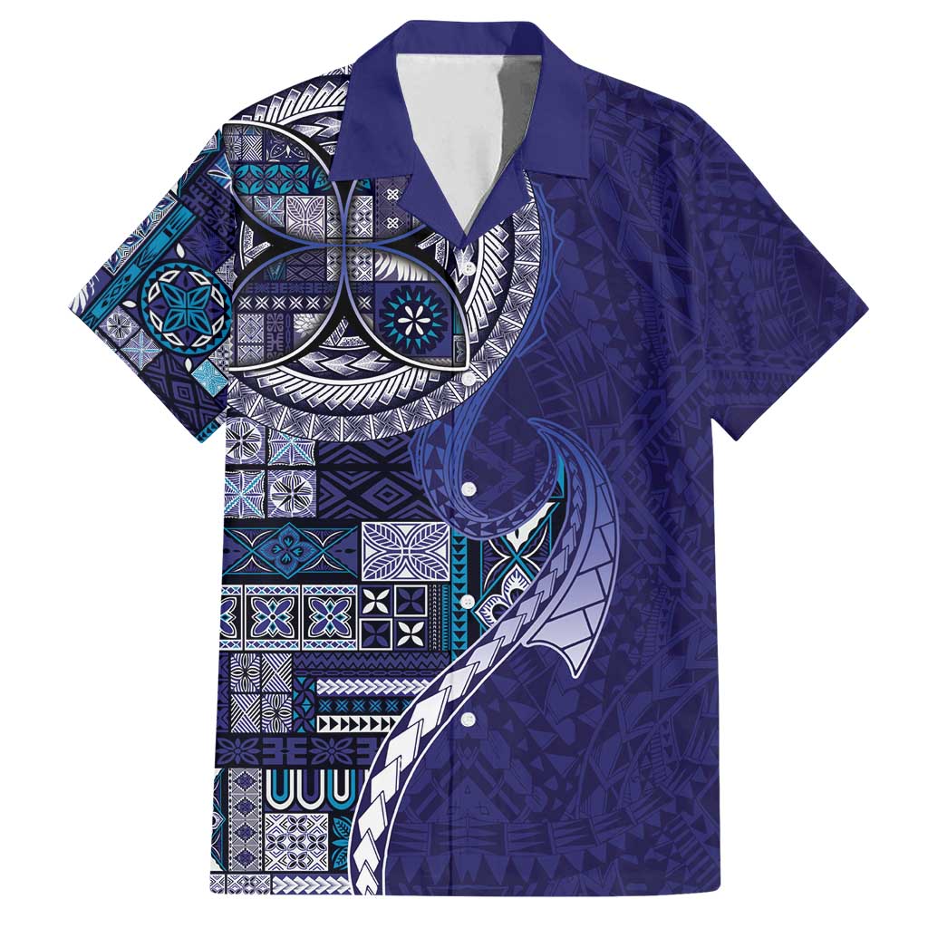 Samoan Siapo Art Tattoo Polynesian Pattern Family Matching Off Shoulder Maxi Dress and Hawaiian Shirt Navy Color - Polynesian Pride