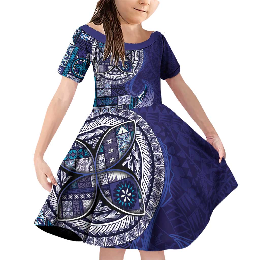 Samoan Siapo Art Tattoo Polynesian Pattern Family Matching Off Shoulder Short Dress and Hawaiian Shirt Navy Color - Polynesian Pride