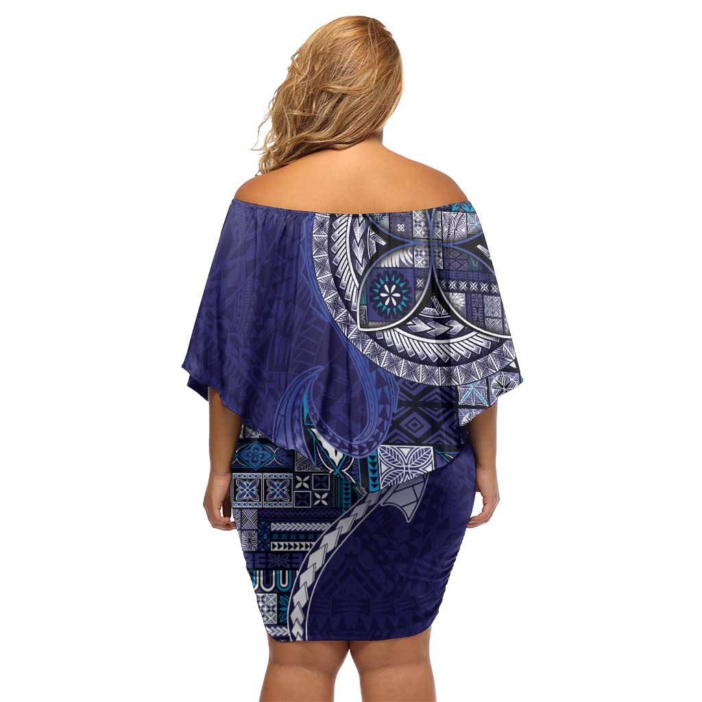 Samoan Siapo Art Tattoo Polynesian Pattern Family Matching Off Shoulder Short Dress and Hawaiian Shirt Navy Color - Polynesian Pride