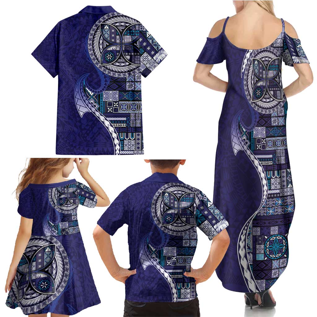 Samoan Siapo Art Tattoo Polynesian Pattern Family Matching Summer Maxi Dress and Hawaiian Shirt Navy Color - Polynesian Pride
