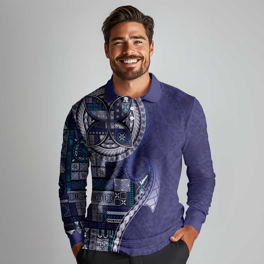 Samoan Siapo Art Tattoo Polynesian Pattern Long Sleeve Polo Shirt Navy Color - Polynesian Pride