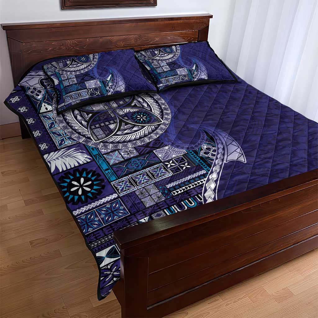 Samoan Siapo Art Tattoo Polynesian Pattern Quilt Bed Set Navy Color - Polynesian Pride