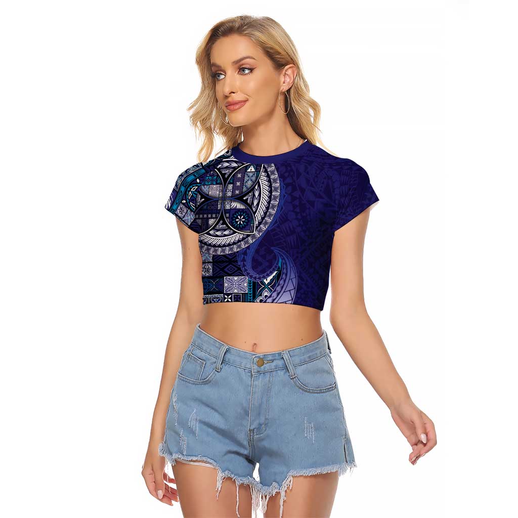 Samoan Siapo Art Tattoo Polynesian Pattern Raglan Cropped T Shirt Navy Color LT03 Female Navy - Polynesian Pride
