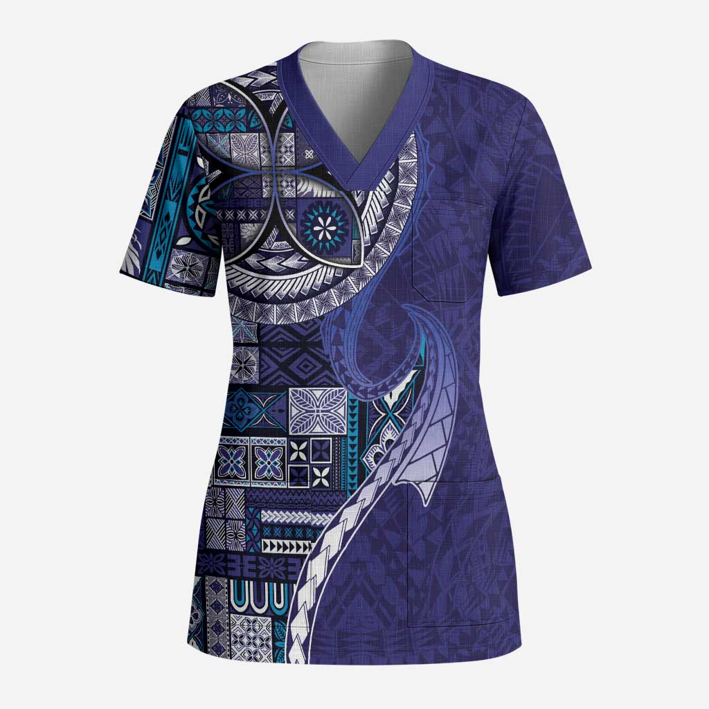 Samoan Siapo Art Tattoo Polynesian Pattern Scrub Top Navy Color - Polynesian Pride