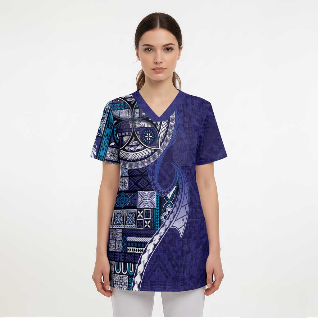 Samoan Siapo Art Tattoo Polynesian Pattern Scrub Top Navy Color - Polynesian Pride