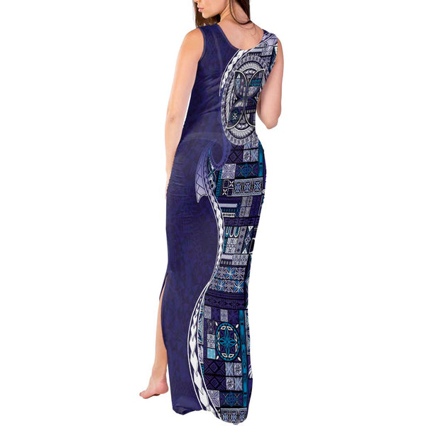 Samoan Siapo Art Tattoo Polynesian Pattern Tank Maxi Dress Navy Color LT03
