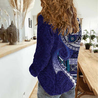 Samoan Siapo Art Tattoo Polynesian Pattern Women Casual Shirt Navy Color - Polynesian Pride