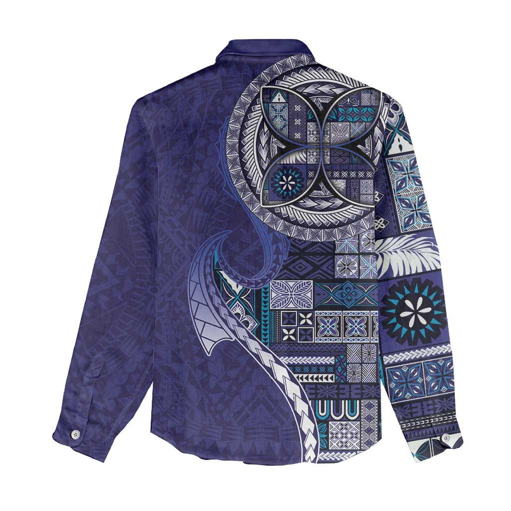 Samoan Siapo Art Tattoo Polynesian Pattern Women Casual Shirt Navy Color - Polynesian Pride