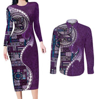 Samoan Siapo Art Tattoo Polynesian Pattern Couples Matching Long Sleeve Bodycon Dress and Long Sleeve Button Shirt Purple Color - undefined