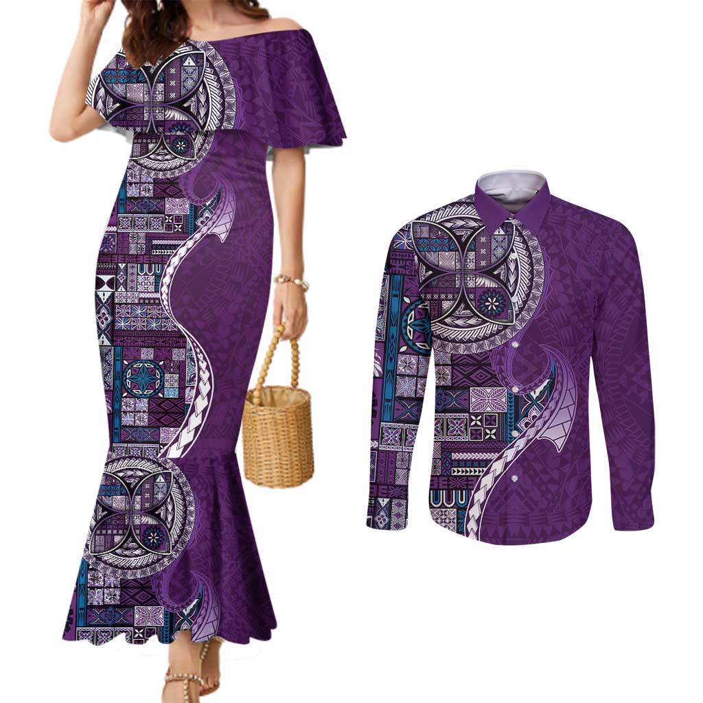 Samoan Siapo Art Tattoo Polynesian Pattern Couples Matching Mermaid Dress and Long Sleeve Button Shirt Purple Color - Polynesian Pride