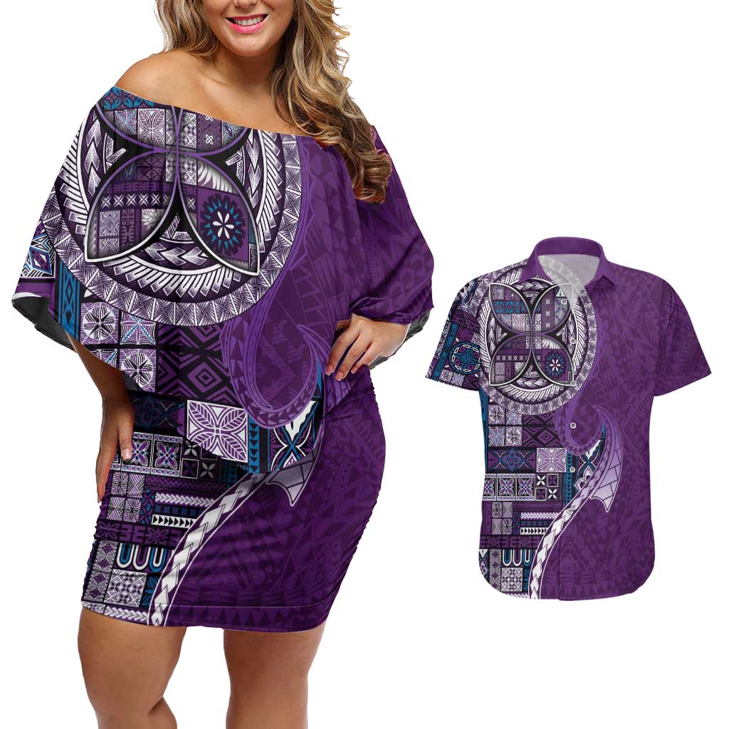 Samoan Siapo Art Tattoo Polynesian Pattern Couples Matching Off Shoulder Short Dress and Hawaiian Shirt Purple Color - Polynesian Pride