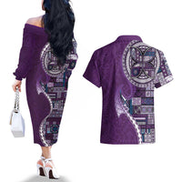 Samoan Siapo Art Tattoo Polynesian Pattern Couples Matching Off The Shoulder Long Sleeve Dress and Hawaiian Shirt Purple Color - Polynesian Pride