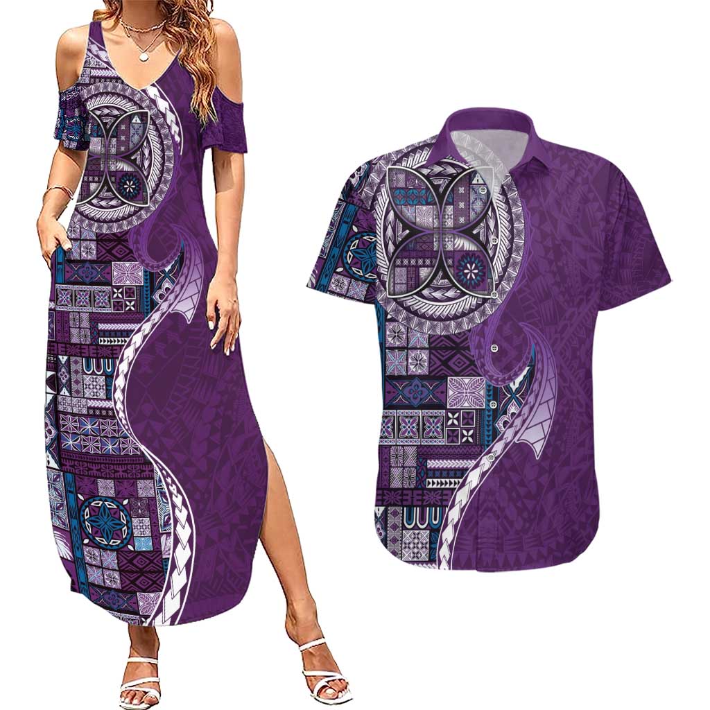 Samoan Siapo Art Tattoo Polynesian Pattern Couples Matching Summer Maxi Dress and Hawaiian Shirt Purple Color - Polynesian Pride