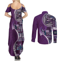 Samoan Siapo Art Tattoo Polynesian Pattern Couples Matching Summer Maxi Dress and Long Sleeve Button Shirt Purple Color - Polynesian Pride
