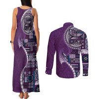 Samoan Siapo Art Tattoo Polynesian Pattern Couples Matching Tank Maxi Dress and Long Sleeve Button Shirt Purple Color - Polynesian Pride