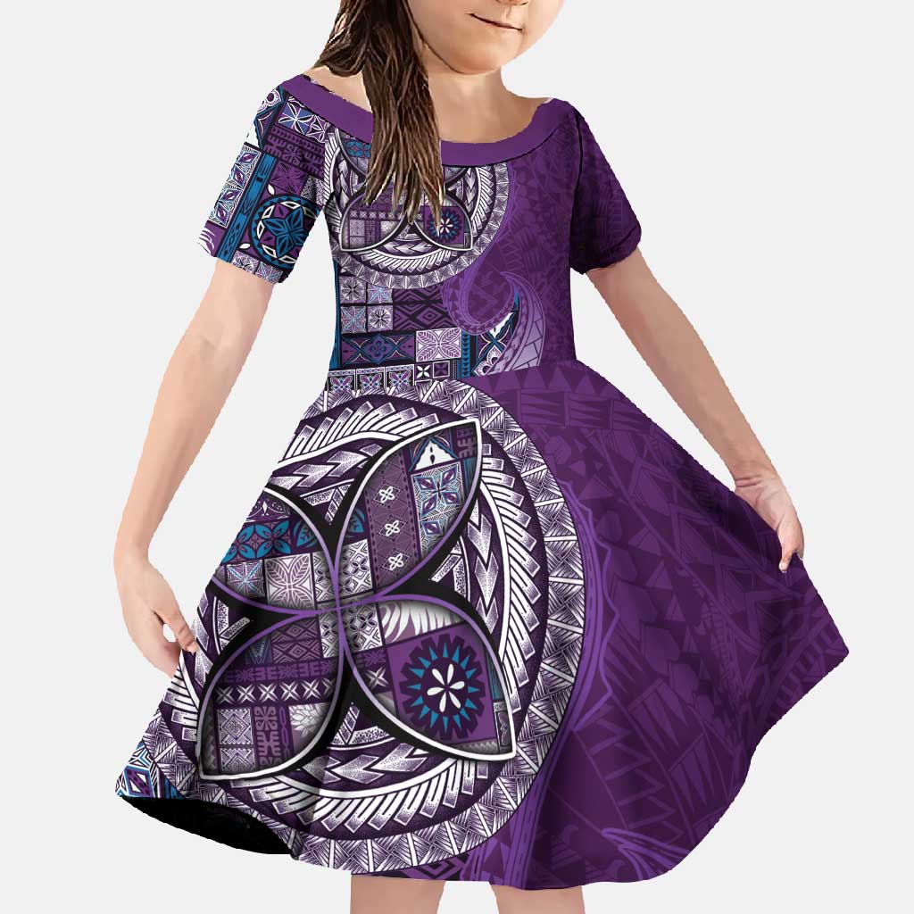 Samoan Siapo Art Tattoo Polynesian Pattern Family Matching Long Sleeve Bodycon Dress and Hawaiian Shirt Purple Color - Polynesian Pride