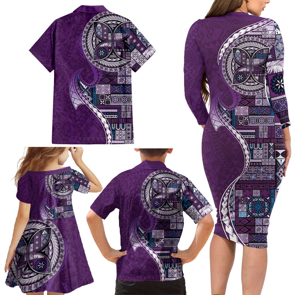 Samoan Siapo Art Tattoo Polynesian Pattern Family Matching Long Sleeve Bodycon Dress and Hawaiian Shirt Purple Color - Polynesian Pride