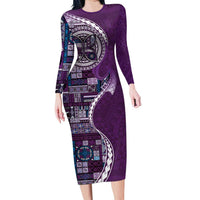 Samoan Siapo Art Tattoo Polynesian Pattern Family Matching Long Sleeve Bodycon Dress and Hawaiian Shirt Purple Color - Polynesian Pride