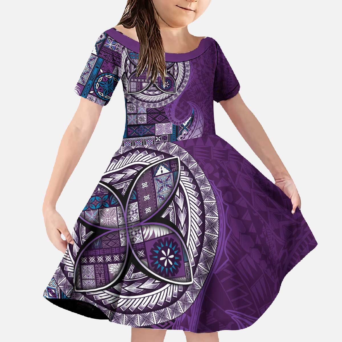 Samoan Siapo Art Tattoo Polynesian Pattern Family Matching Off The Shoulder Long Sleeve Dress and Hawaiian Shirt Purple Color - Polynesian Pride