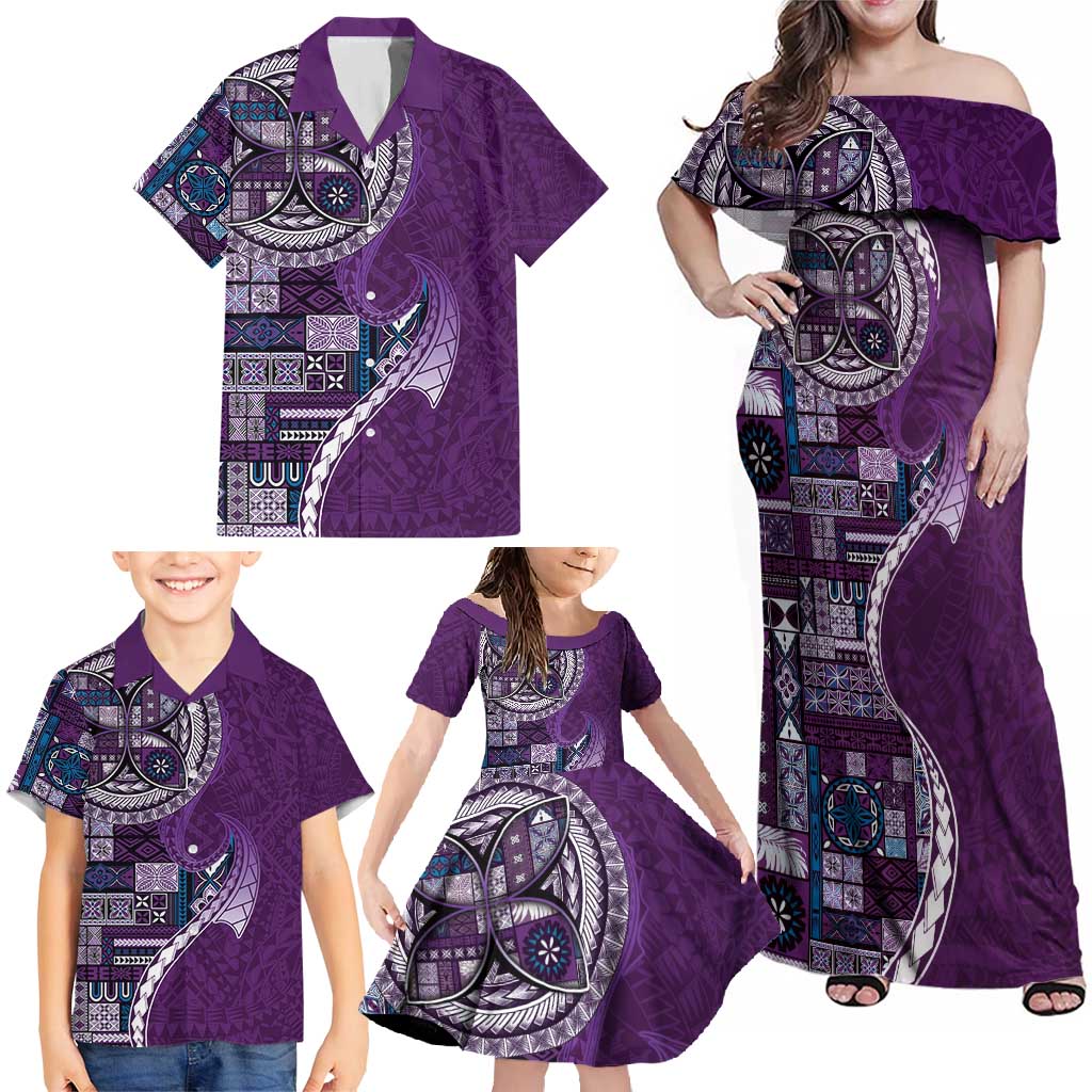 Samoan Siapo Art Tattoo Polynesian Pattern Family Matching Off Shoulder Maxi Dress and Hawaiian Shirt Purple Color - Polynesian Pride