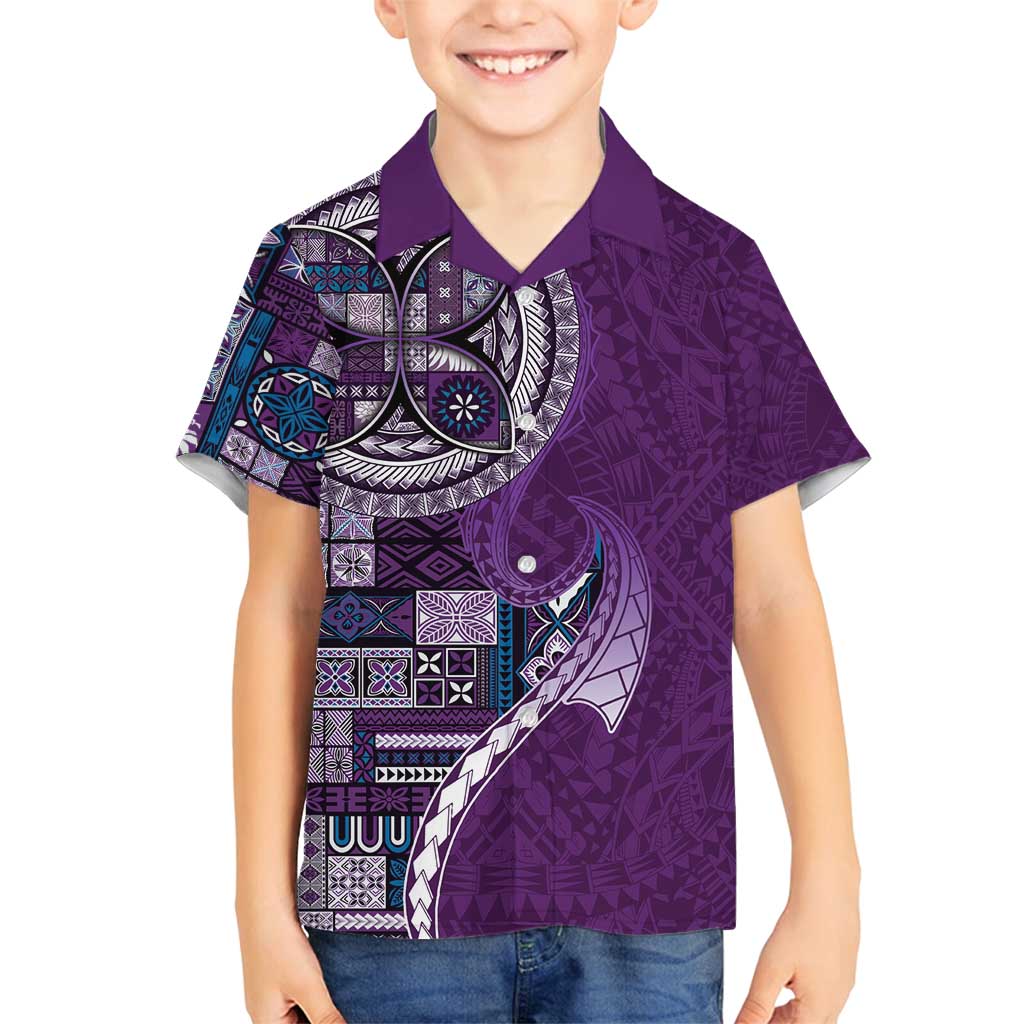 Samoan Siapo Art Tattoo Polynesian Pattern Family Matching Off Shoulder Short Dress and Hawaiian Shirt Purple Color - Polynesian Pride