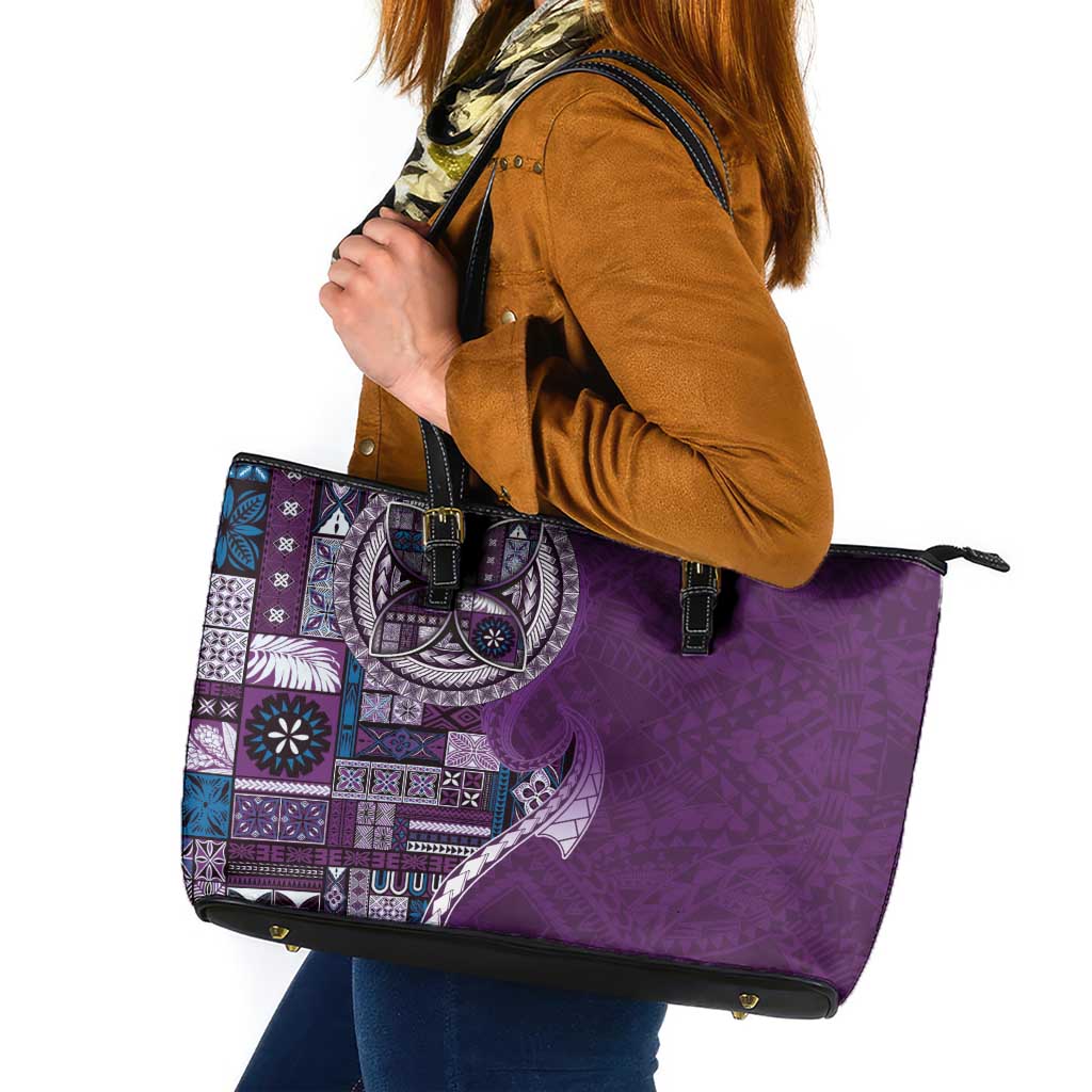 Samoan Siapo Art Tattoo Polynesian Pattern Leather Tote Bag Purple Color - Polynesian Pride