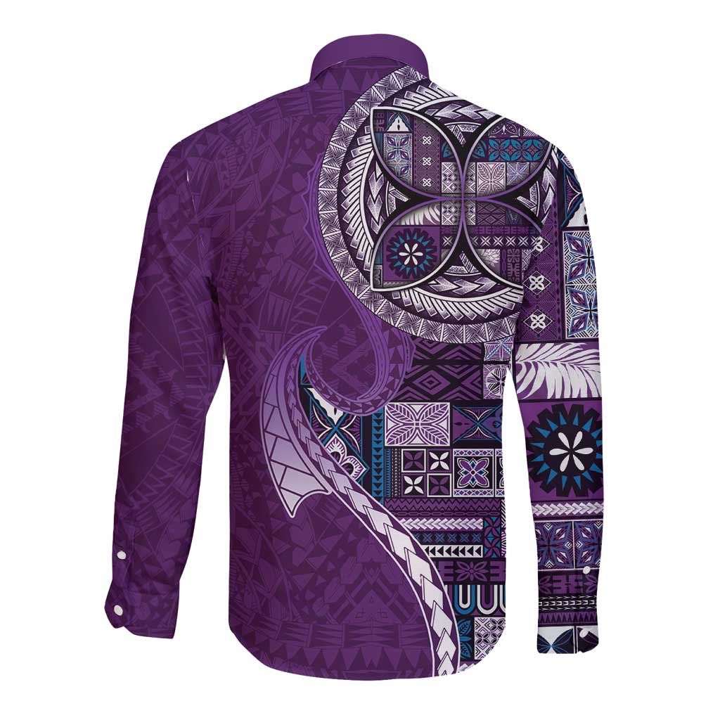 Samoan Siapo Art Tattoo Polynesian Pattern Long Sleeve Button Shirt Purple Color - Polynesian Pride