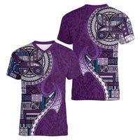 Samoan Siapo Art Tattoo Polynesian Pattern Women V-Neck T-Shirt Purple Color - Polynesian Pride