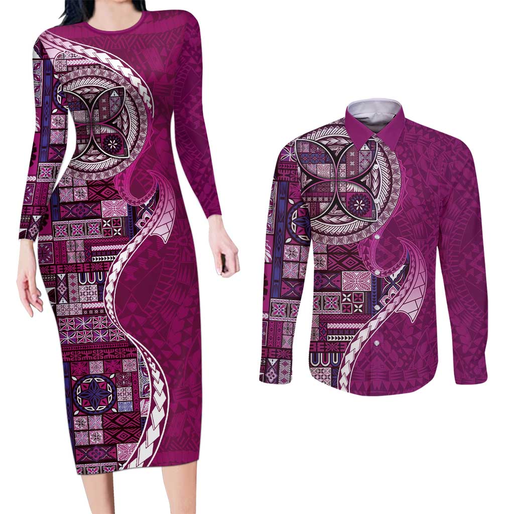 Samoan Siapo Art Tattoo Polynesian Pattern Couples Matching Long Sleeve Bodycon Dress and Long Sleeve Button Shirt Pink Color LT03 Pink - Polynesian Pride