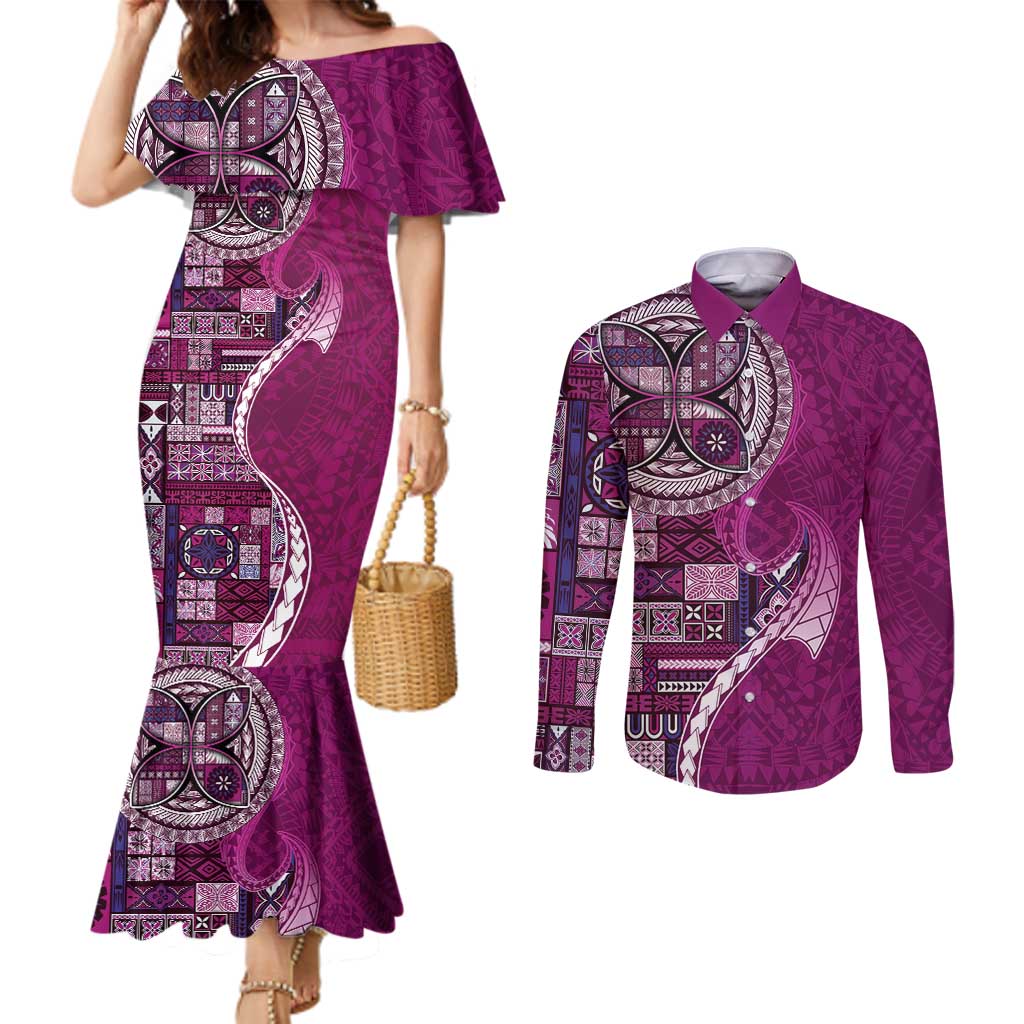 Samoan Siapo Art Tattoo Polynesian Pattern Couples Matching Mermaid Dress and Long Sleeve Button Shirt Pink Color LT03 Pink - Polynesian Pride