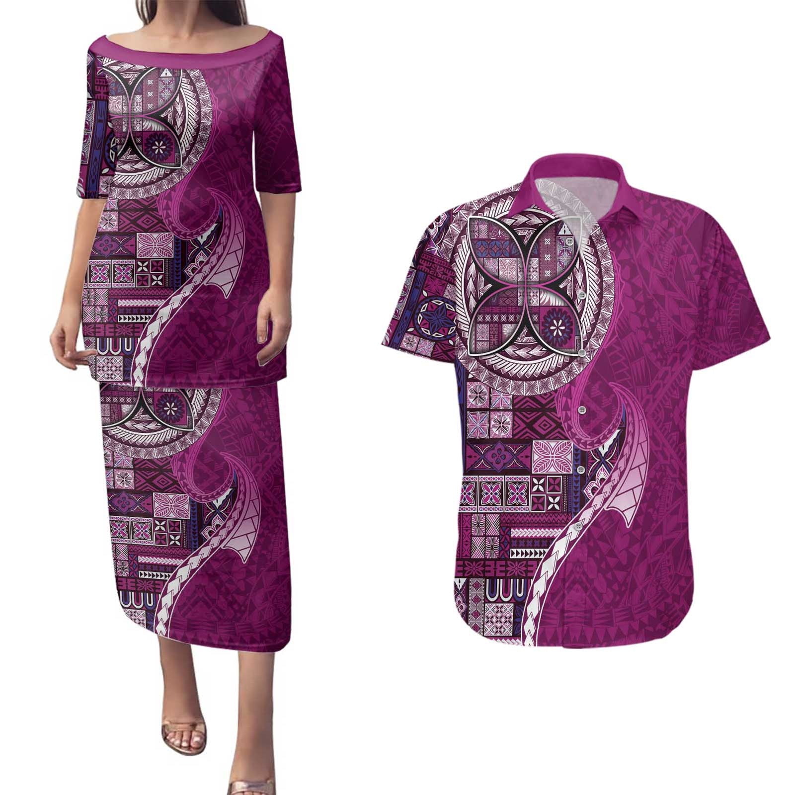 Samoan Siapo Art Tattoo Polynesian Pattern Couples Matching Puletasi and Hawaiian Shirt Pink Color LT03 Pink - Polynesian Pride