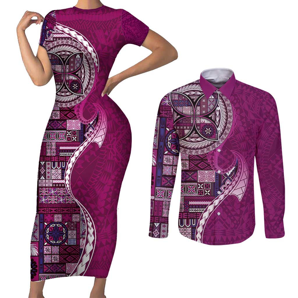 Samoan Siapo Art Tattoo Polynesian Pattern Couples Matching Short Sleeve Bodycon Dress and Long Sleeve Button Shirt Pink Color - Polynesian Pride