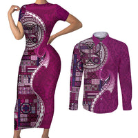 Samoan Siapo Art Tattoo Polynesian Pattern Couples Matching Short Sleeve Bodycon Dress and Long Sleeve Button Shirt Pink Color - Polynesian Pride