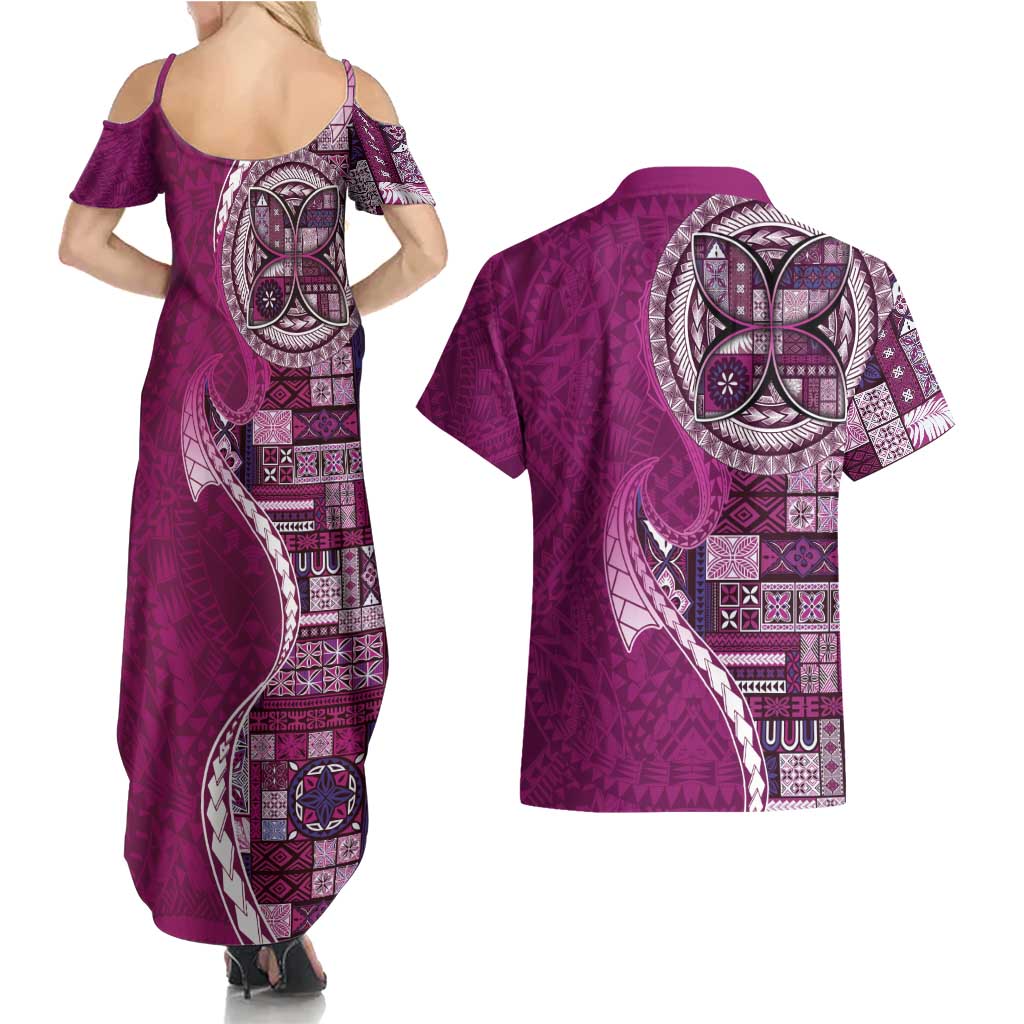Samoan Siapo Art Tattoo Polynesian Pattern Couples Matching Summer Maxi Dress and Hawaiian Shirt Pink Color LT03 - Polynesian Pride