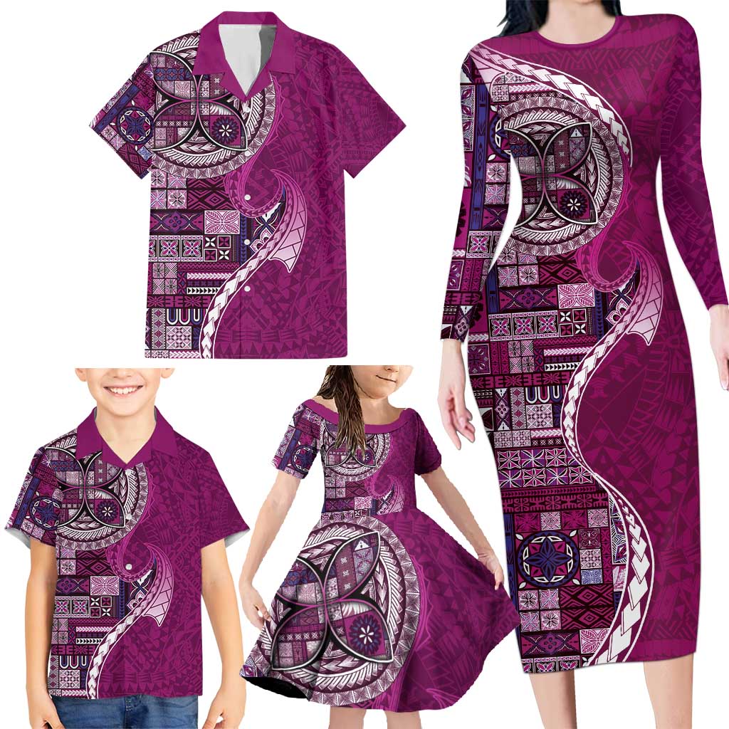 Samoan Siapo Art Tattoo Polynesian Pattern Family Matching Long Sleeve Bodycon Dress and Hawaiian Shirt Pink Color - Polynesian Pride