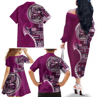 Samoan Siapo Art Tattoo Polynesian Pattern Family Matching Off The Shoulder Long Sleeve Dress and Hawaiian Shirt Pink Color - Polynesian Pride