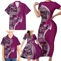 Samoan Siapo Art Tattoo Polynesian Pattern Family Matching Short Sleeve Bodycon Dress and Hawaiian Shirt Pink Color - Polynesian Pride