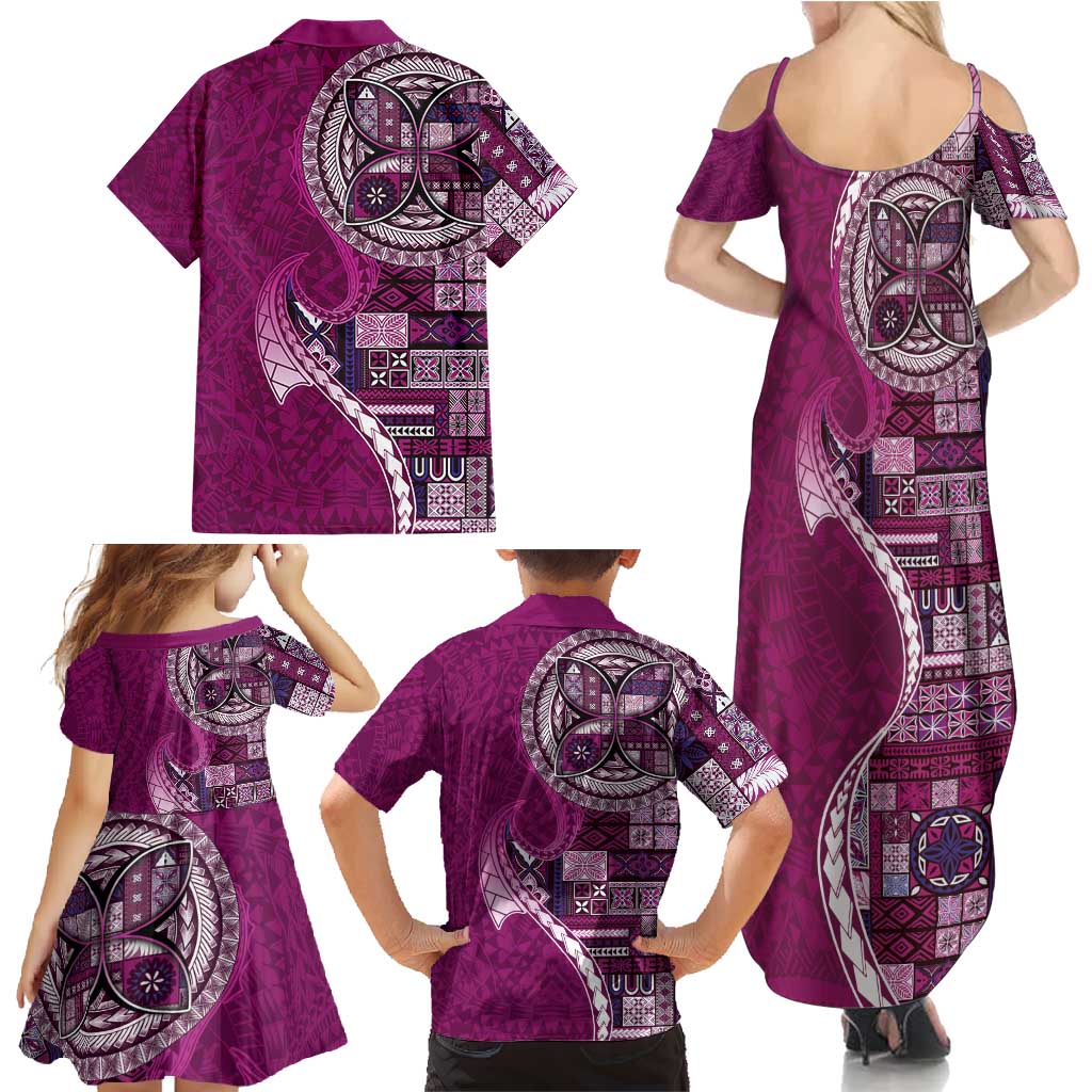 Samoan Siapo Art Tattoo Polynesian Pattern Family Matching Summer Maxi Dress and Hawaiian Shirt Pink Color - Polynesian Pride