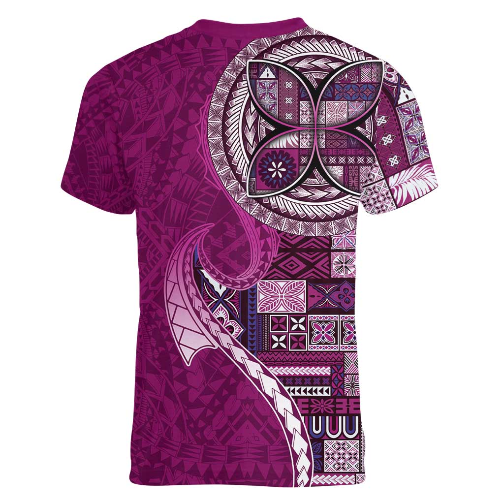 Samoan Siapo Art Tattoo Polynesian Pattern Women V-Neck T-Shirt Pink Color - Polynesian Pride