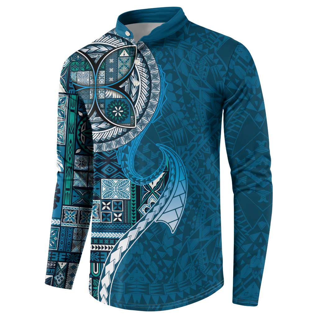 Samoan Siapo Art Tattoo Polynesian Pattern Button Sweatshirt Teal Color - Polynesian Pride