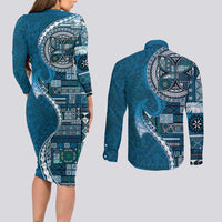 Samoan Siapo Art Tattoo Polynesian Pattern Couples Matching Long Sleeve Bodycon Dress and Long Sleeve Button Shirt Teal Color - Polynesian Pride