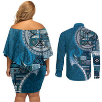 Samoan Siapo Art Tattoo Polynesian Pattern Couples Matching Off Shoulder Short Dress and Long Sleeve Button Shirt Teal Color - Polynesian Pride