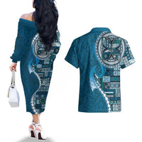 Samoan Siapo Art Tattoo Polynesian Pattern Couples Matching Off The Shoulder Long Sleeve Dress and Hawaiian Shirt Teal Color - Polynesian Pride