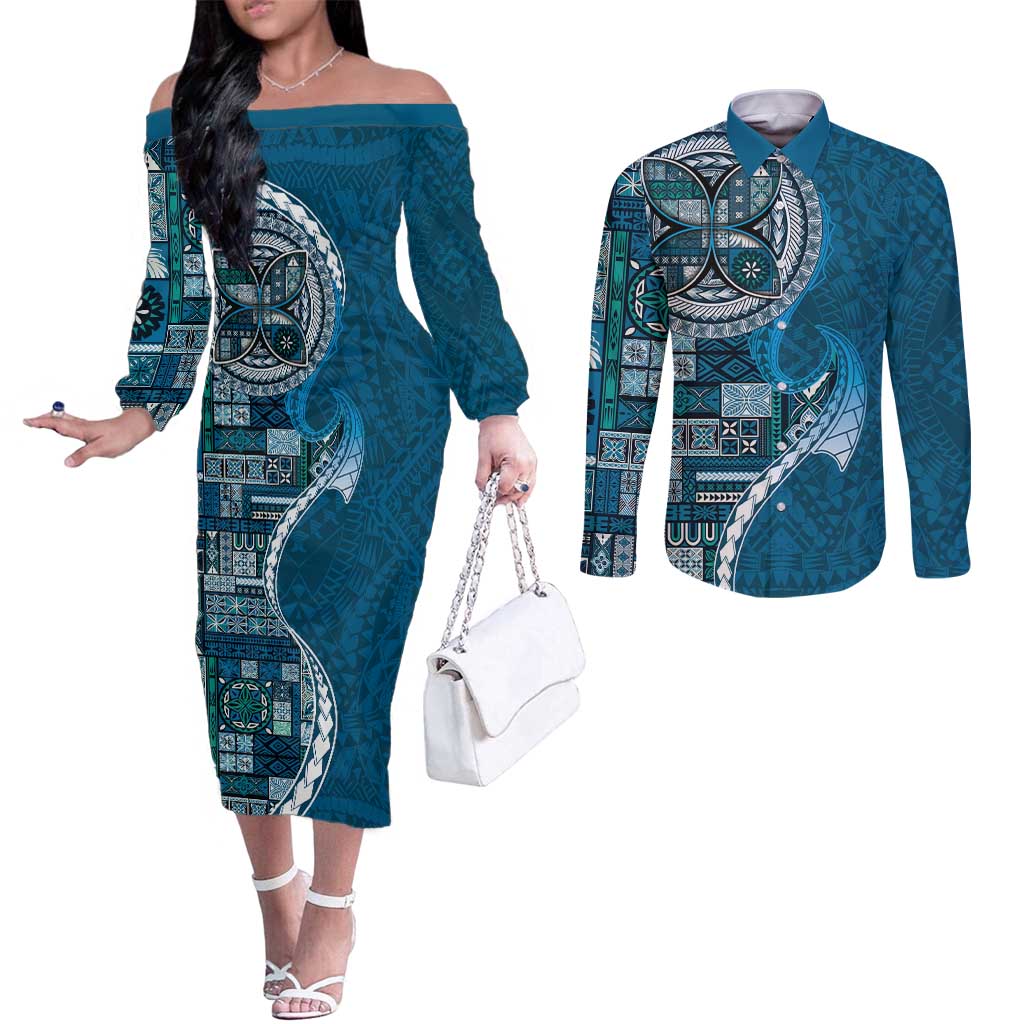 Samoan Siapo Art Tattoo Polynesian Pattern Couples Matching Off The Shoulder Long Sleeve Dress and Long Sleeve Button Shirt Teal Color - Polynesian Pride