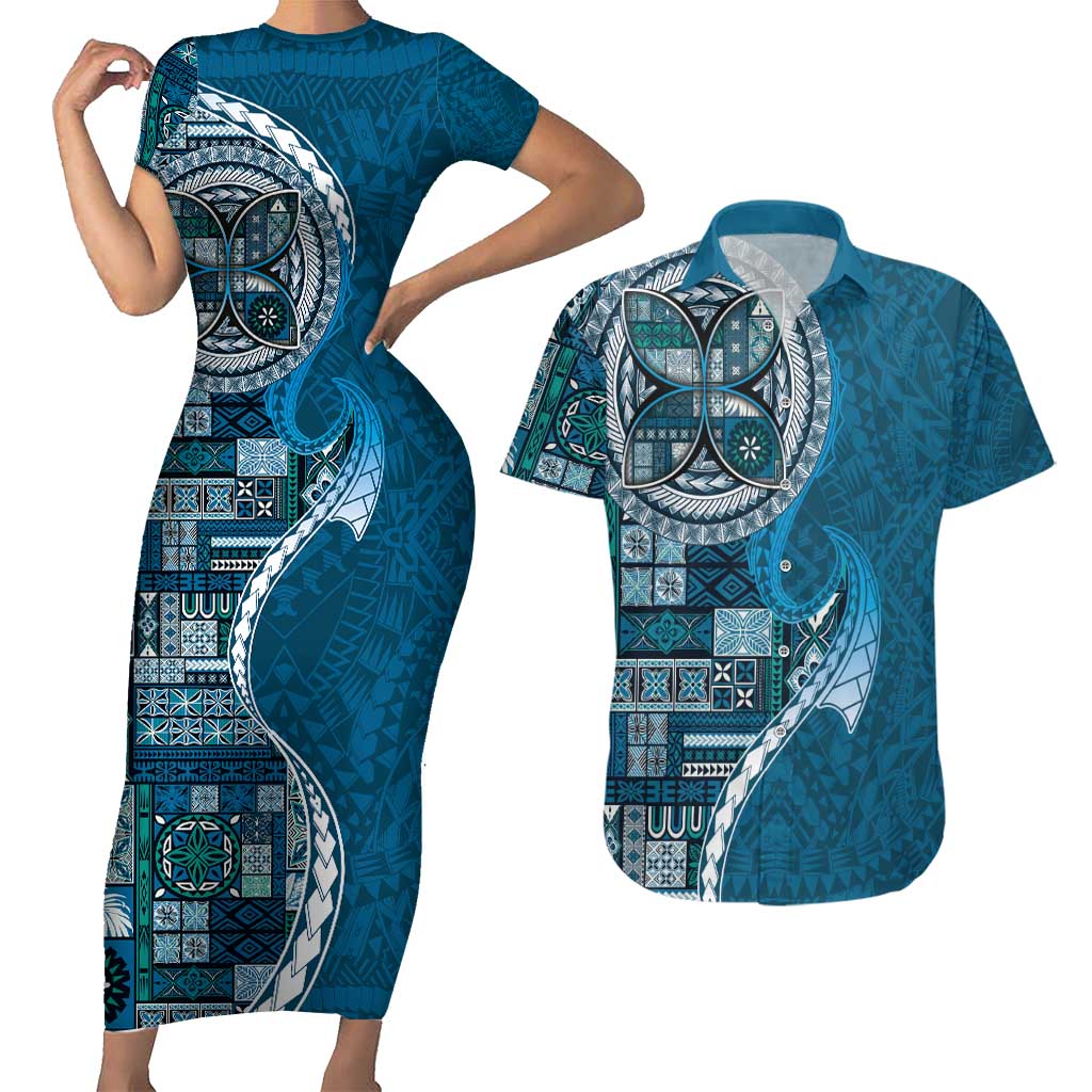 Samoan Siapo Art Tattoo Polynesian Pattern Couples Matching Short Sleeve Bodycon Dress and Hawaiian Shirt Teal Color LT03 Teal - Polynesian Pride