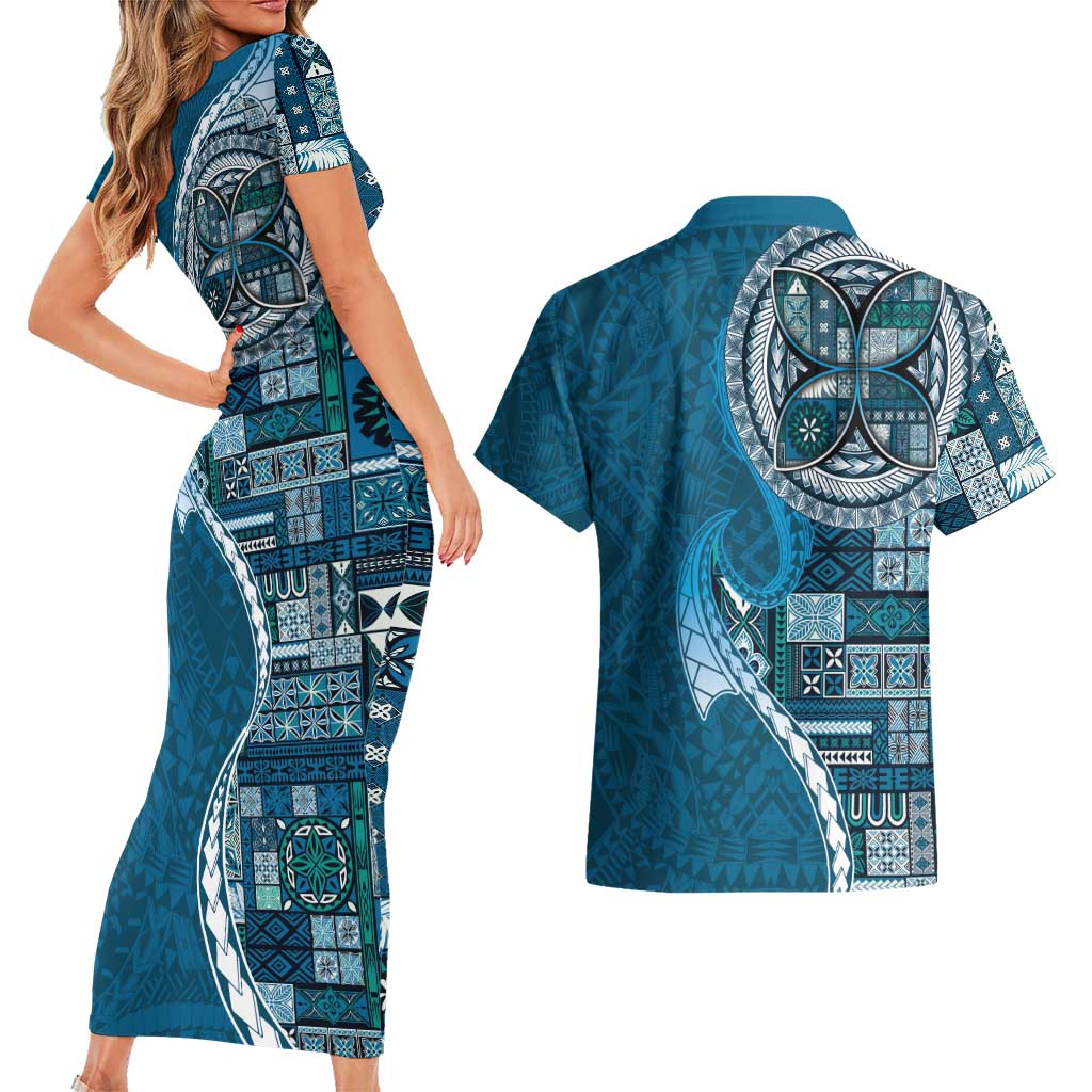 Samoan Siapo Art Tattoo Polynesian Pattern Couples Matching Short Sleeve Bodycon Dress and Hawaiian Shirt Teal Color LT03 - Polynesian Pride