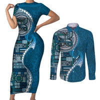 Samoan Siapo Art Tattoo Polynesian Pattern Couples Matching Short Sleeve Bodycon Dress and Long Sleeve Button Shirt Teal Color - Polynesian Pride